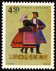 Image showing Polish folk dancers from Sadecki region on post stamp