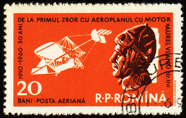 Image showing First airplane by Aurel Vlaicu on post stamp