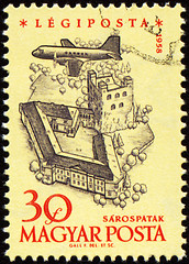 Image showing Flying plane over the medieval castle on post stamp