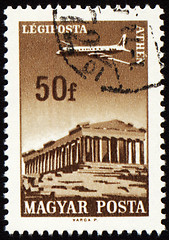 Image showing Flying plane above the Athens on post stamp