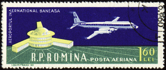 Image showing Airport of Bucharest and large plane on post stamp