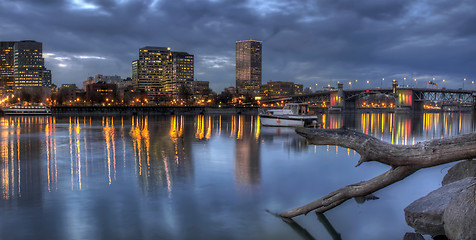 Image showing Portland Oregon Waterfront Skyline with Morrison Bridge