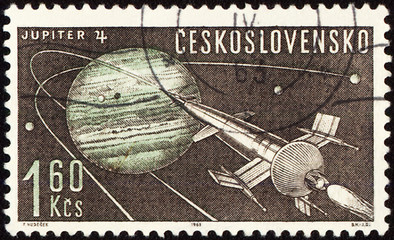 Image showing Postage stamp with Planet Jupiter and spaceship