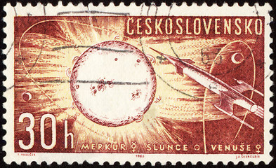 Image showing Postage stamp with spaceship, Sun, Mercury and Venus