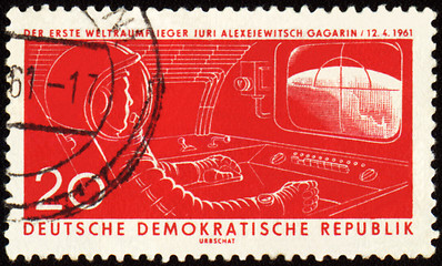 Image showing Spacecraft cabin with first astronaut Yuri Gagarin on post stamp