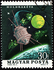 Image showing Flight of moon spaceship on post stamp