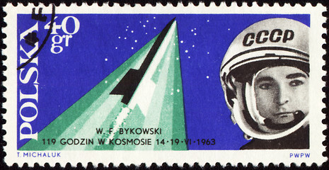 Image showing Postage stamp with soviet spaceship Vostok-5 and cosmonaut Valery Bykovsky