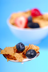 Image showing Spoonful of bran flakes with fruit