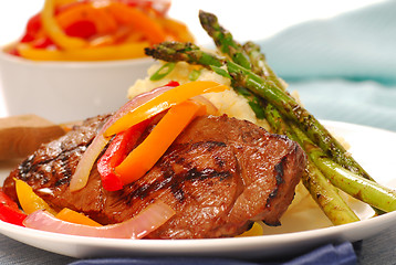 Image showing Grilled rib-eye steak with mashed potatoes