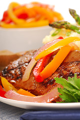 Image showing Grilled rib-eye steak with mashed potatoes