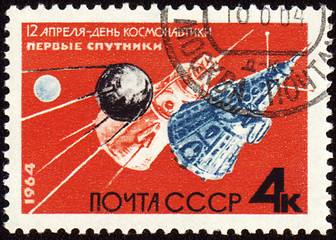 Image showing First soviet satellites on post stamp