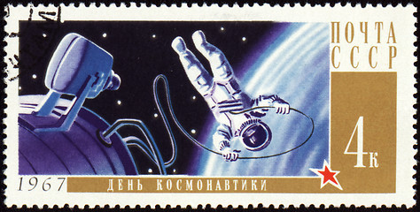 Image showing Postage stamp with Cosmonaut in open space