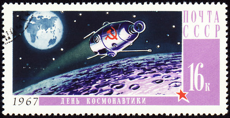 Image showing Post stamp with russian spaceship on Moon orbit