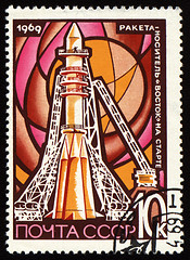 Image showing Post stamp with space rocket Vostok on launch pad