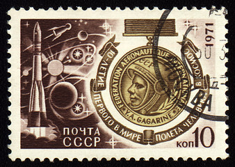 Image showing 10-years anniversary of Gagarine flight in space on post stamp