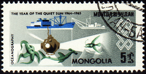 Image showing Research ship and bathysphere on post stamp