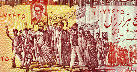 Image showing Mullahs Leading Marchers Carrying Posters of Khomeini 