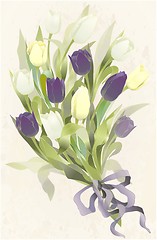 Image showing Bouquet of tulips .  Buds and flowers of a tulips.  Spring tulip flowers bunch.