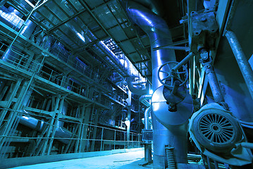 Image showing Industrial zone, Steel pipelines and cables in blue tones