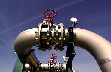 Image showing Industrial zone, Steel pipelines and valves against blue sky