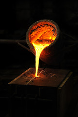 Image showing Foundry - molten metal poured from ladle into mould