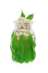 Image showing Herbal supplement pills and fresh leaves in glass