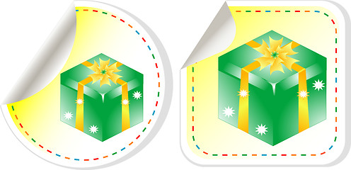 Image showing green holiday box with bow. vector sticker label set