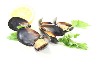 Image showing Mussels with flat leaf parsley and Lemon