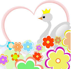 Image showing cute duck in heart with flowers. greeting card