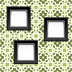 Image showing three blank white frames on baroque wallpaper. vector