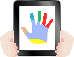 Image showing Black vector tablet pc with hand on the screen