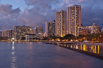 Image showing Waikiki Beach, Oahu Island Hawaii, cityscape sunset