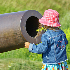 Image showing Little girl, gun and yellow flowers