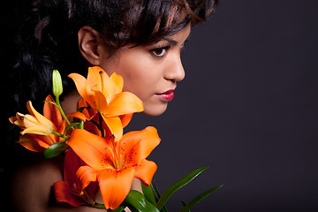 Image showing Pretty Woman with Lily Flowers