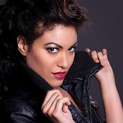 Image showing Beautiful Woman in Black Leather Jacket