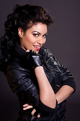 Image showing Beautiful Woman in Black Leather Jacket