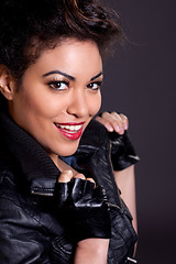 Image showing Beautiful Woman in Black Leather Jacket Portrait
