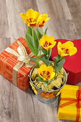 Image showing It is red yellow tulips and gift boxes, a close up