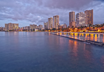 Image showing Sunset at Waikiki Beach, Oahu Island Hawaii, cityscape