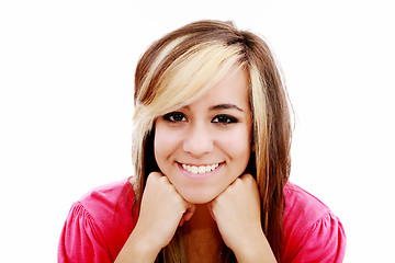 Image showing Beautiful young woman smiling. Isolated over white background 