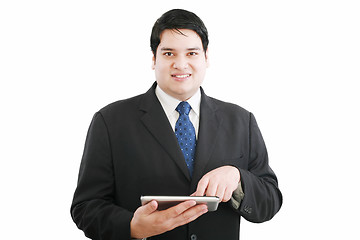 Image showing business man with modern tablet pc, touch pad, smart phone