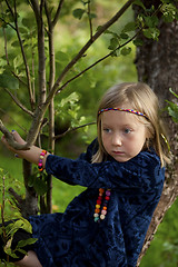 Image showing Little girl sitting on a branch of an apple tree