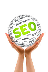 Image showing Hands holding a SEO Sphere
