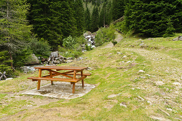 Image showing Picnic table in the Italian Alps