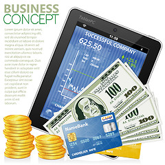 Image showing Financial Concept with Tablet PC, Dollars, Credit Cards and Coin