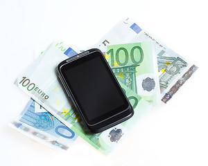 Image showing Modern mobile smart phone and  euro banknotes