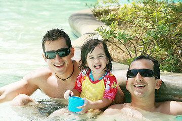 Image showing Happy family having fun in swimming pool.  Brothers and niece ha