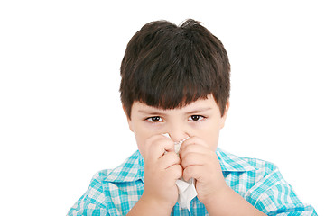 Image showing Human child cold flu illness tissue blowing nose 