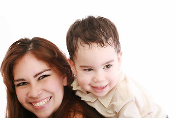 Image showing Joyful toddler on back of his mother 