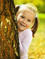 Image showing Cute little girl is playing hide and seek